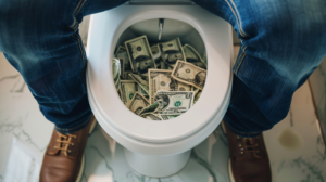 Guy flushing money down a toilet
